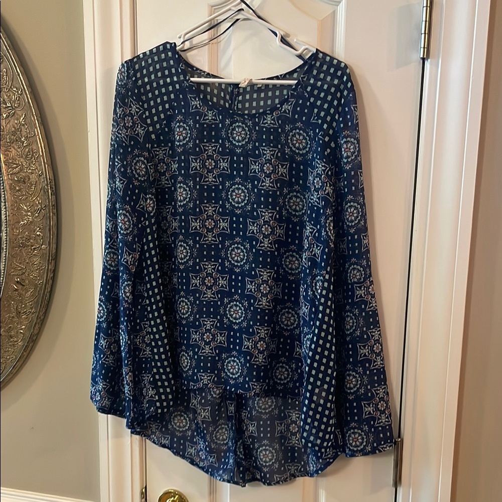 Red Camel Blue and White Boxy Long Sleeve Blouse